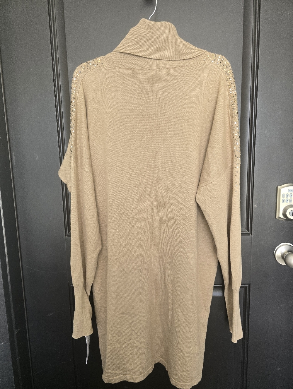 Calvin Klein Women Beige Embellished Cowl Neck Sweater Dress Sz Large Rhinestone - Picture 12 of 12